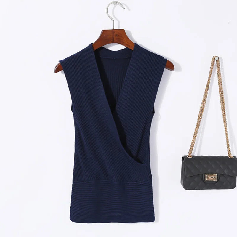 Sexy Deep V Neck Sweater Women 2025 New Womens Clothing Slim Bottoming Large Elastic Knitwear Rib Cotton Sleeveless Top Jerseys