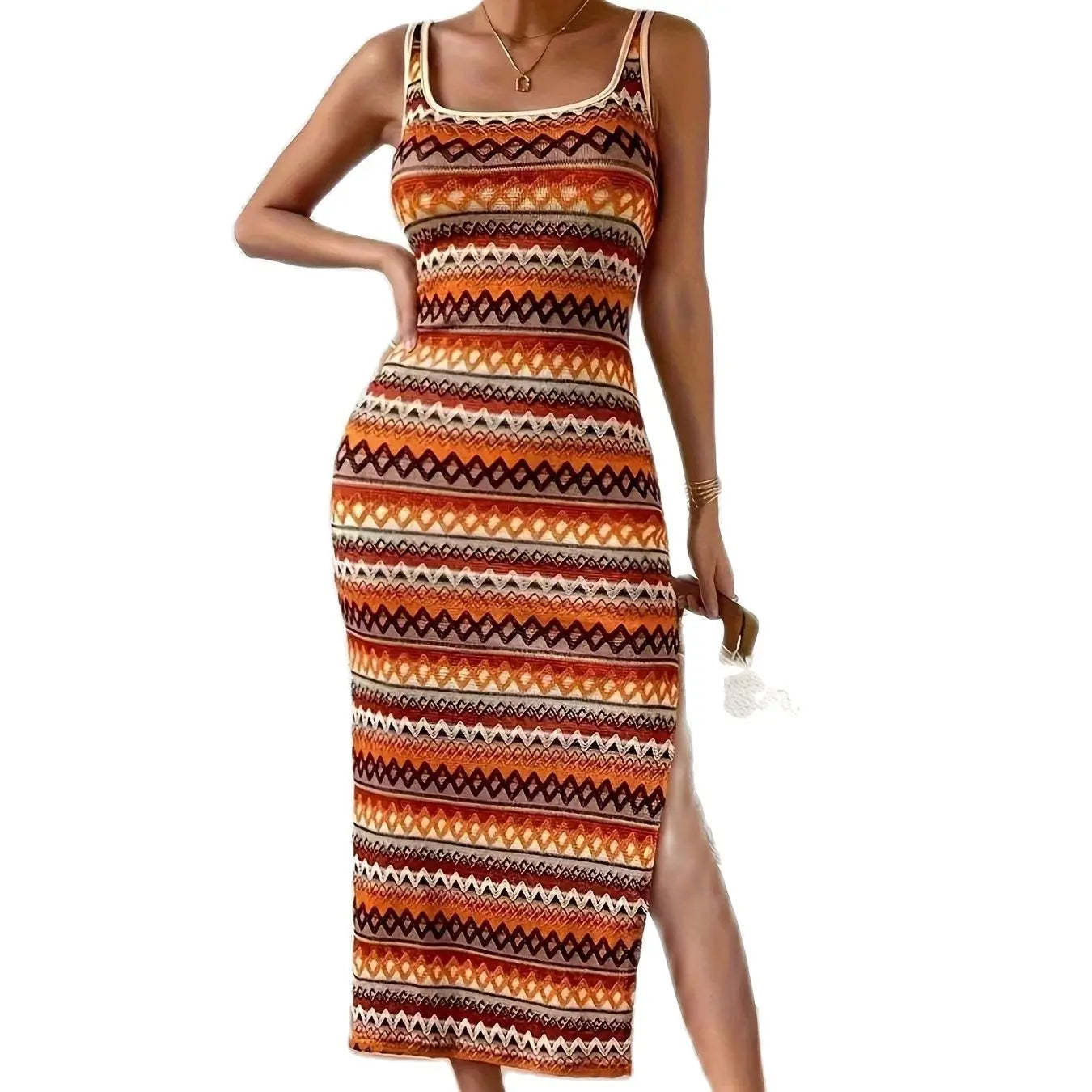 Women's Geometric Pattern Tassel Dress, Sleeveless & Slim Fit, Elegant & Fashionable Boho Style for Spring & Summer Beach Wear
