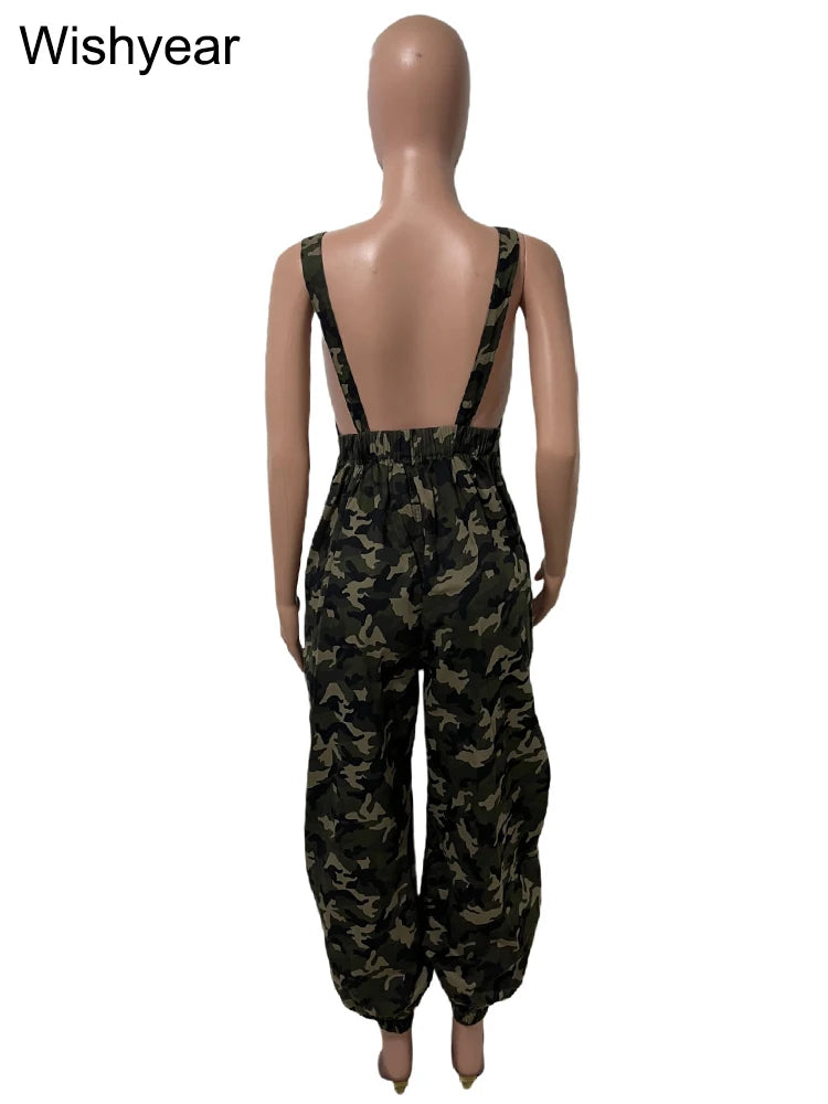 Casual Streetwear Army Green Jumpsuits Women Camouflage Pockets Splice Suspenders Loose One Pieces Cargo Pants Rompers Overalls