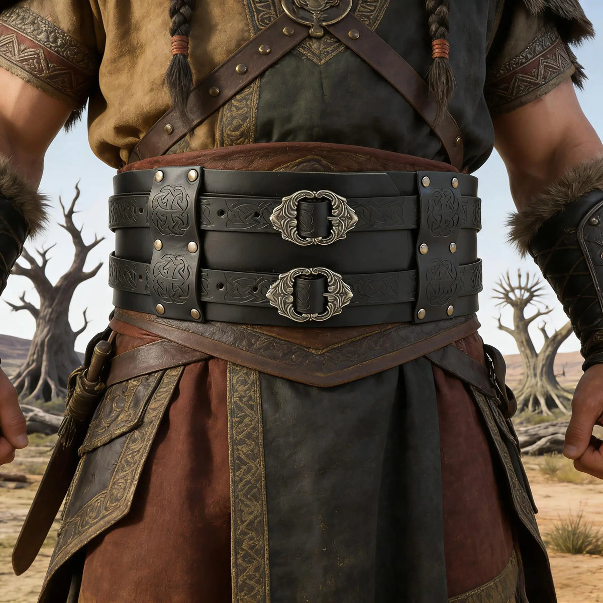 PU Leather Belt Double Wide Thick Belt Vikings Pirate Medieval War Accessory Broad Buckle Corset Cinch Gladiator Men