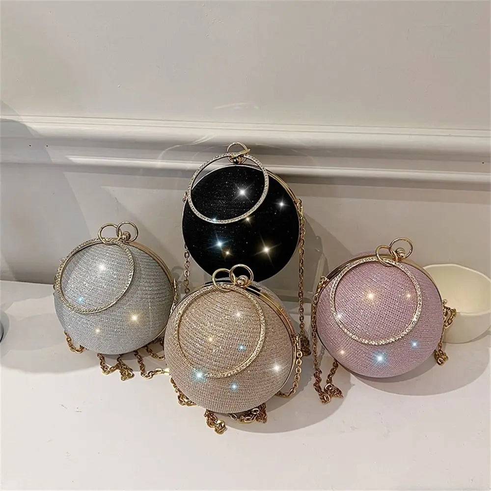 Elegant Circular Evening Bag Gold Bright Silk Rhinestone Decorative Chain Banquet Clutch Shoulder Bags Wedding Party