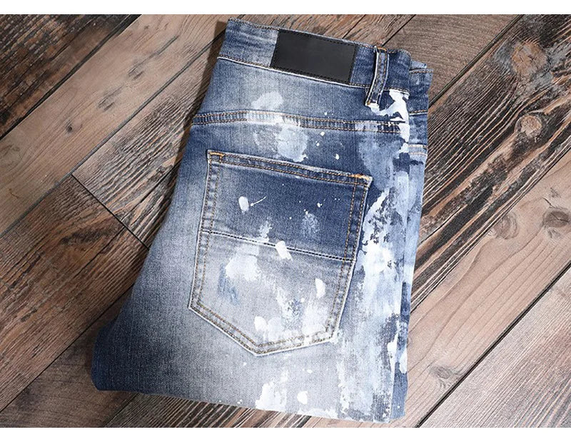Retro Style Men's Slim Fit Jeans Distressed Hole Design Elastic Casual Long Pants Youth Trendy Street Style Straight Leg Jeans
