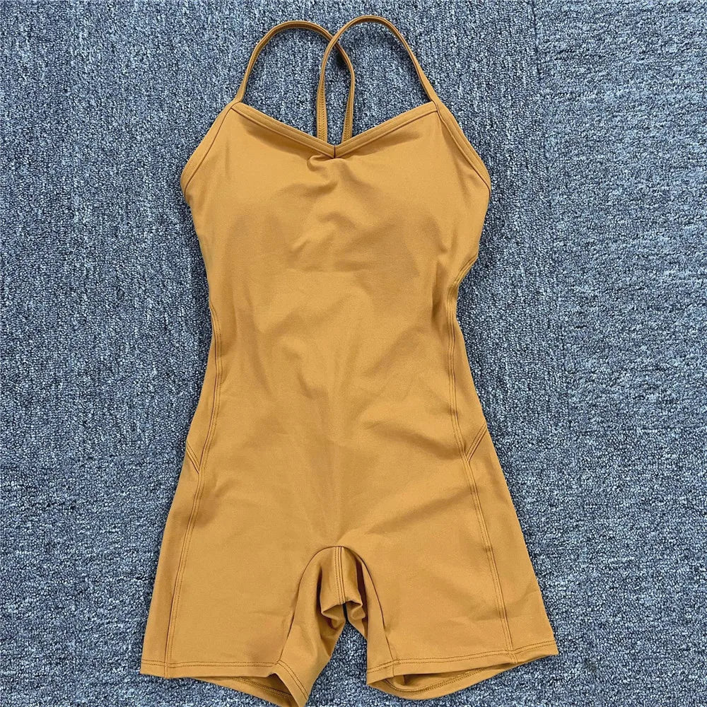 Rückenfreier Sportanzug für Damen, 2023, Lycra, Fitness-Overall, einteiliger Overall, Shorts, Sport-Outfit, Fitnessstudio, Trainingskleidung für Damen, Sportbekleidung