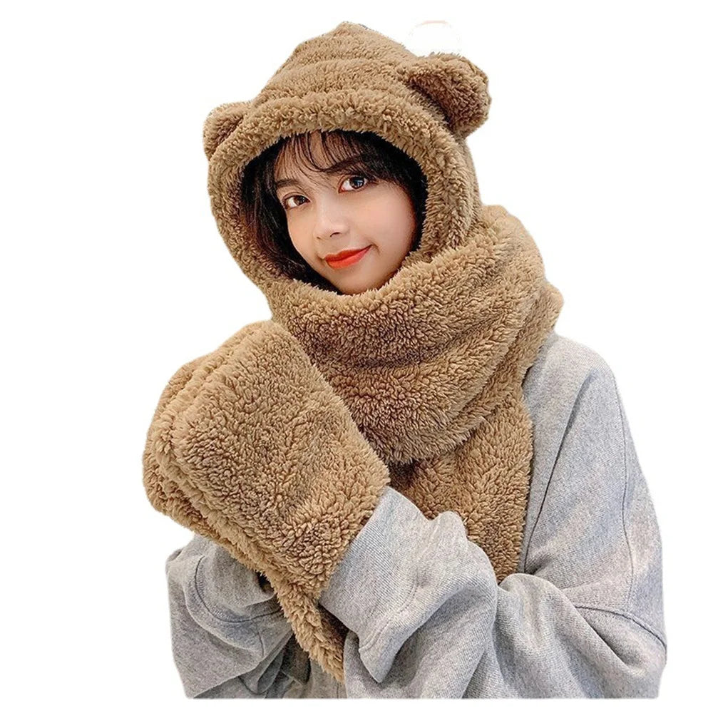Winter Lamb Wool 3-In-1 Cute Bear Ear Hat Scarf Gloves Set Women Caps Warm Casual Plush Neck Hats Casual Fleece Girls Beanies