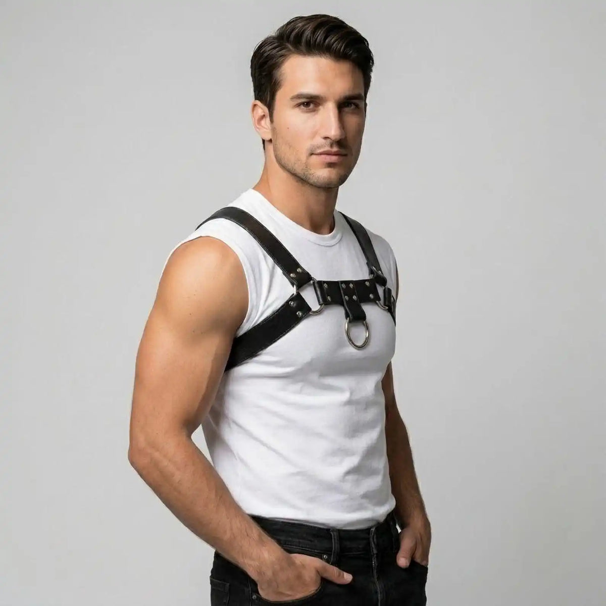 Men’s PU Leather Chest Harness O Ring Body Harness Adjustable Shoulder Strap Punk Streetwear