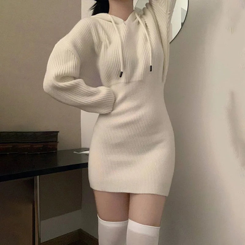 White Thicken Knit Mini Dress Woman Korean Elastic High Waist Bandage Dresses Women Hooded Outwear Long Sleeve Slim Dress