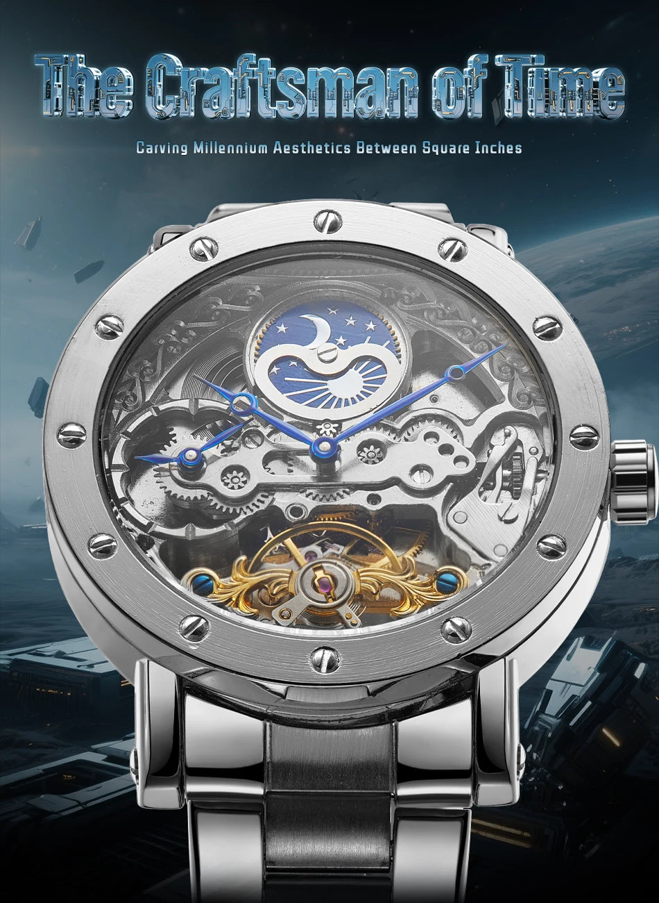 Luxury Brand GMT Time Zone Moon Phase Automatic Movement Man Watch Stainless Steel Skeleton Mechanical Waterproof Male Clockwork