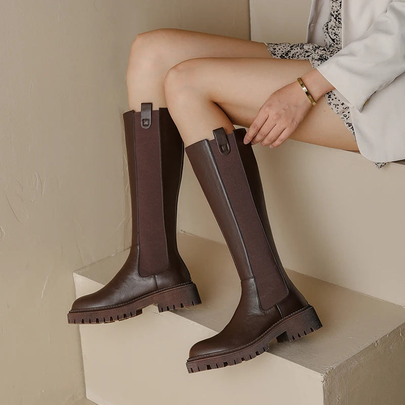 Autumn Winter New Women's High Boots Chelsea Boots Cow Leather Round Toe Heel Women Boots Knee-High Women Shoes Zipper