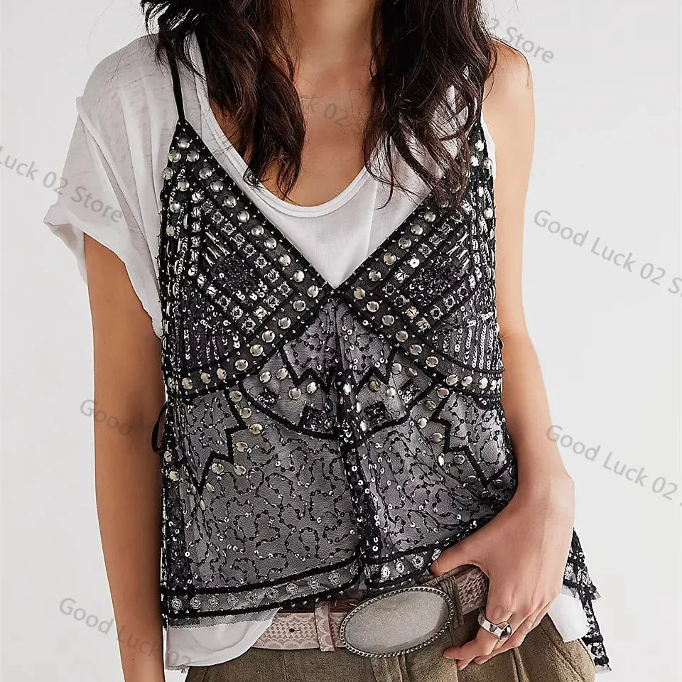 Women Y2K Sequin Mesh Tank Top Glitter Floral Embroidered Cami Crop Top Coquette Sleeveless Backless Rhinestone Camisole
