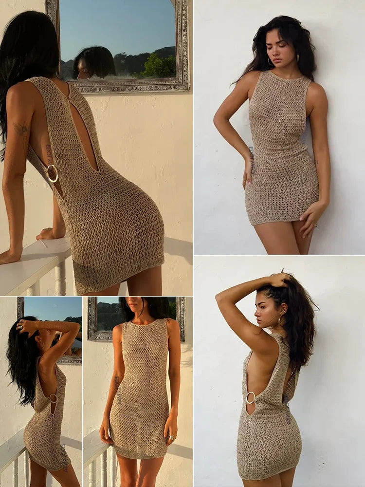 Summer Sexy One Neck Cut Out Circle Decoration Corset Slim Beach Mini Dress Women Seaside Beachwear Swimwear Cover Up