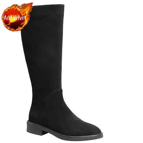 Suede Round Toe Elegant with Low Heels Fleece-Lined Ladies Knee High Shaft Shoes Autumn Winter Demi-season Women's Long Boots