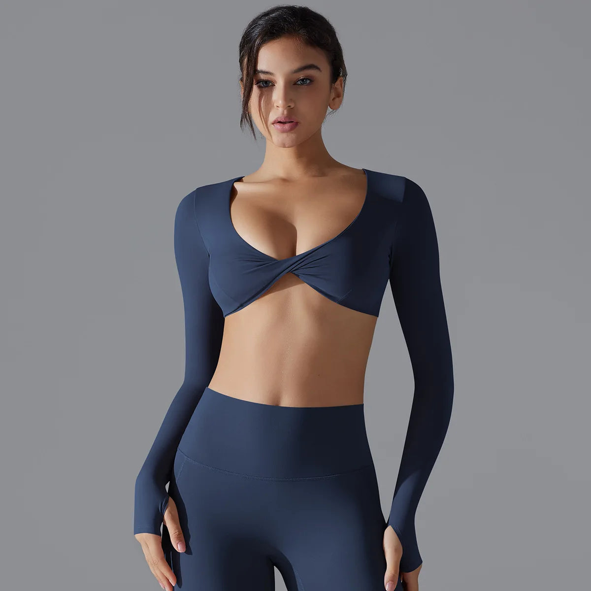 Sports Long Sleeved Fitness Suit Women's Deep V-neck Slim Fit Breathable Ins Style Exposed Navel Outdoor Yoga Suit Short Top