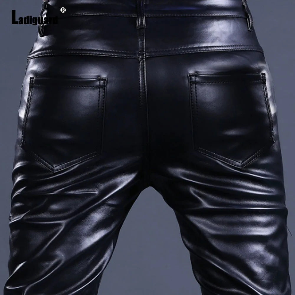 Men Fashion Rock Style PU Leather Pants Sexy Night Club Dance Pants Men's Rivets Zipper Faux Leather Slim Motorcycle Trouser New