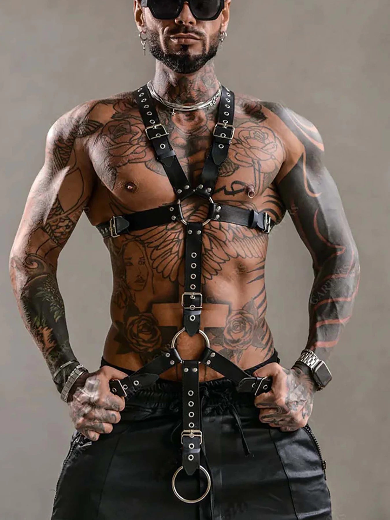 Men's Y-Shaped Black PU Suspender Dress, Suitable for Club Wear, Valentine's Day Gift, Carnival Attire.