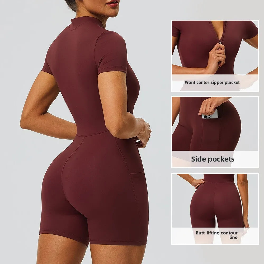 Women's zipper short sleeved yoga jumpsuit with functional pockets for hip lifting and tight fitting sports jumpsuit shorts