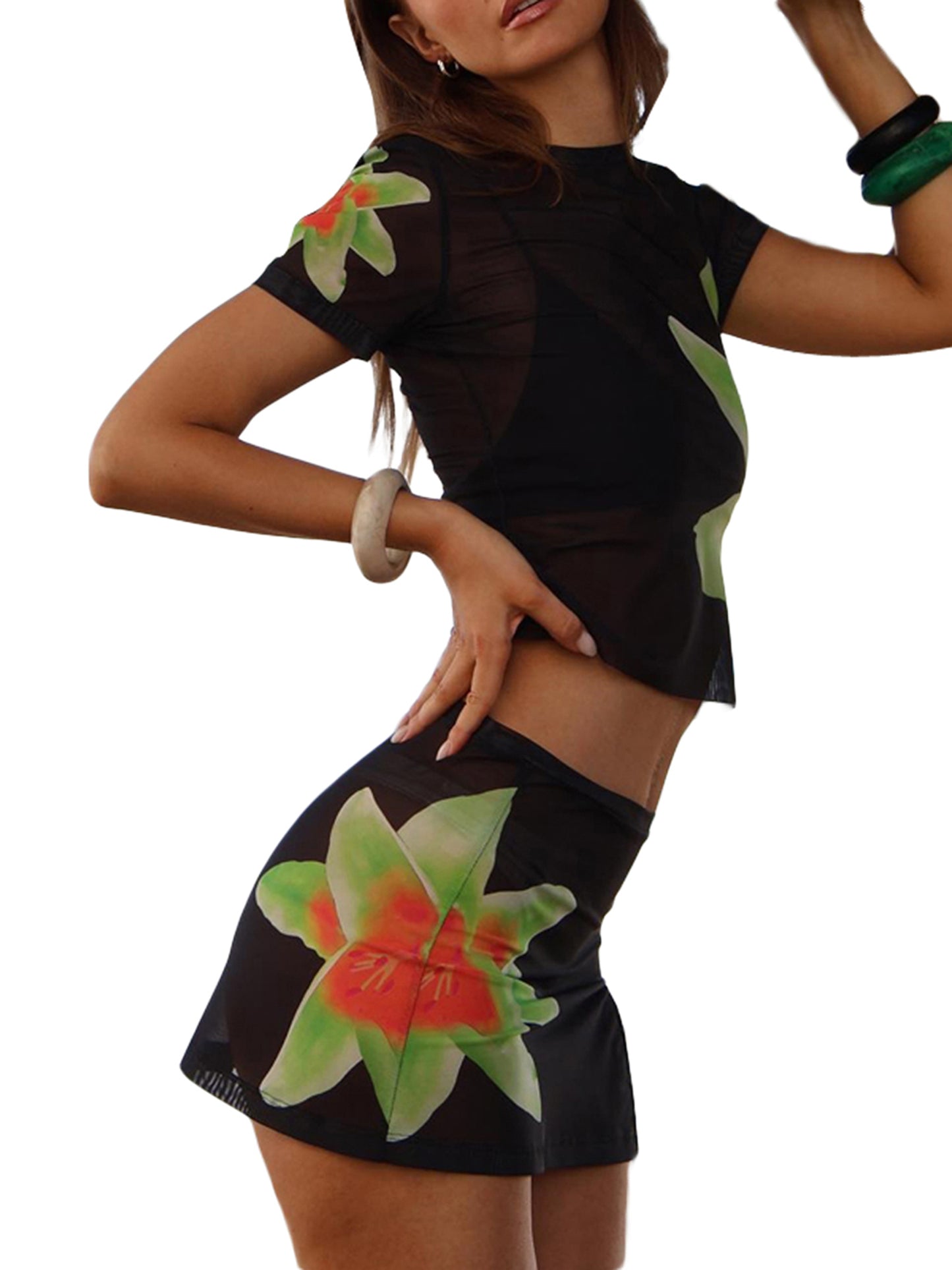 Damen Y2K 2-teiliges Traf-Sommer-Outfit-Set mit Blumendruck, durchsichtiges Netz, kurzärmeliges T-Shirt und Minirock, Streetwear