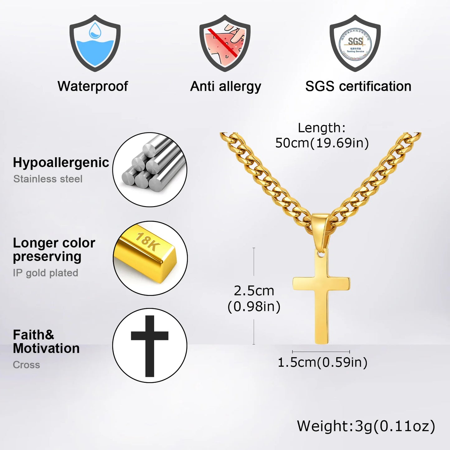 High Quality Cross Necklace for Men Boys,Stainless Steel Pendant with 5MM Cuban Chan,Classic Simple Jewelry Gift