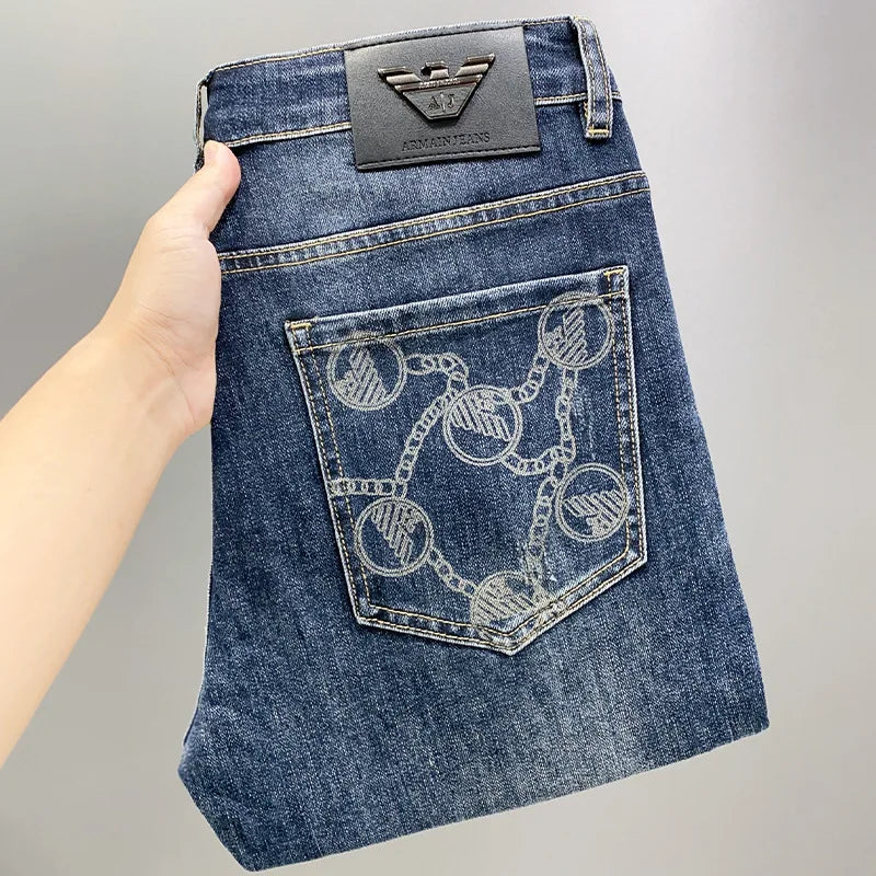 Modische Jeans mit Aufdruck für Herren, leichte Luxus-Jeans für Herren, Stretch, Slim Fit, hochwertige und modische Freizeithose mit Knöchelband