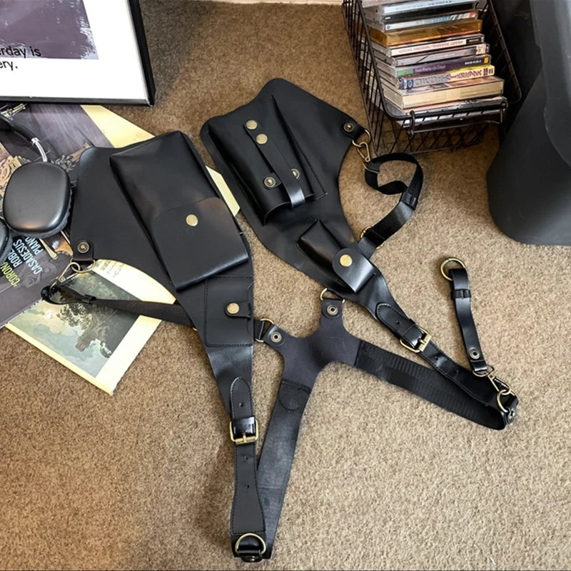 Men Women Steampunk Vintage PU Leather Shoulder Harness Bag Double Phone Wallet Case Holster Viking Underarm Purse Bag Costume