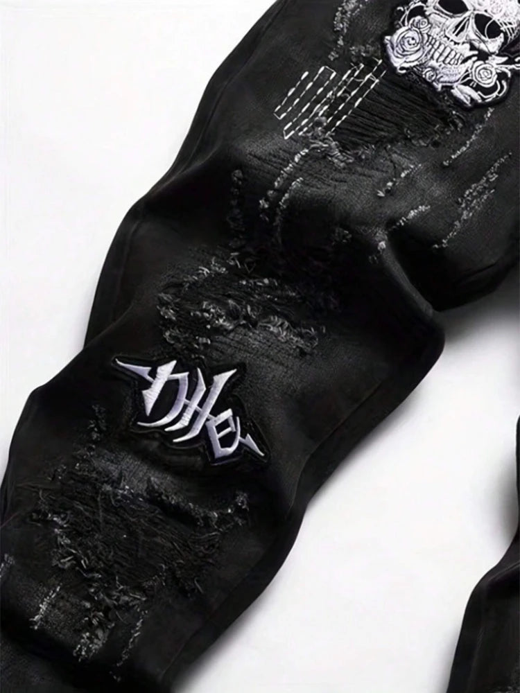 Men's Black Distressed Jeans Skull Patch & Embroidery Letter Print Slim Fit Stretch Denim Pants Street Fashion Biker Trousers