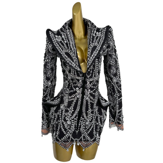 Fashion Crystal Rhinestones Short Dress Deep V Black Club Party Birthday Performance Drag Queen Costume