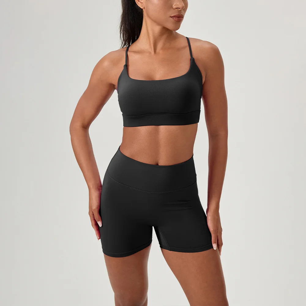 Yoga suit set, sexy back, sports bra, high waist, hip lifting, tight shorts, running and fitness two-piece set Women' Yoga sets