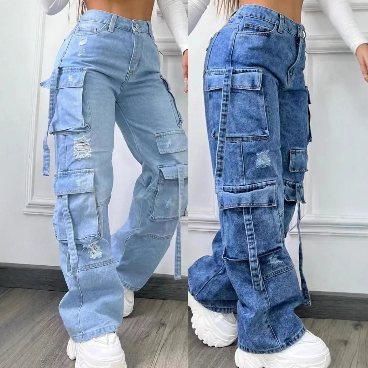New Fashion Pure Color Casual Workwear Denim High Waist Multi Pocket Loose Fit Women's Jeans Versatile plus Size