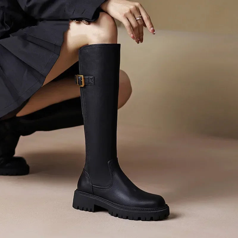 2025 Platform Women Knee Chunky Heels Boots Fashion Belt Buckle Knight Long Booties Autumn Winter Female Thick Heel Shoes