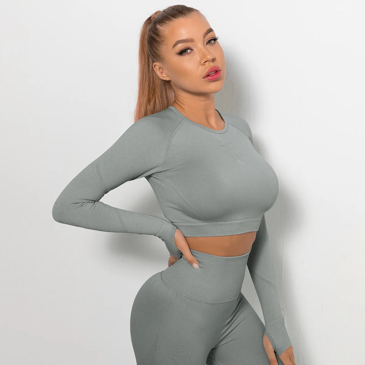 Solid Color Sexy Seamless Yoga Long Sleeves for Woman Slim Casual Sports Running Gym Workout Top Quick Drying Fitness Top