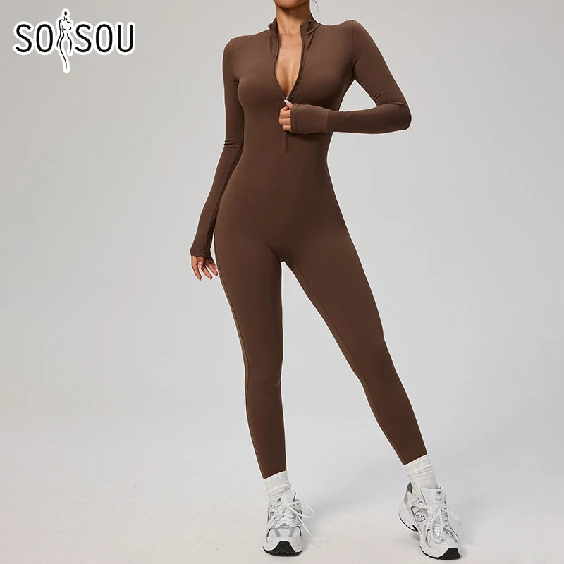 SOISOU Zipper Jumpsuit Women Quick Dry Clothing Sportswear Woman Gym Yoga Sport Sets Spandex Nylon Workout Sets Women Tracksuit
