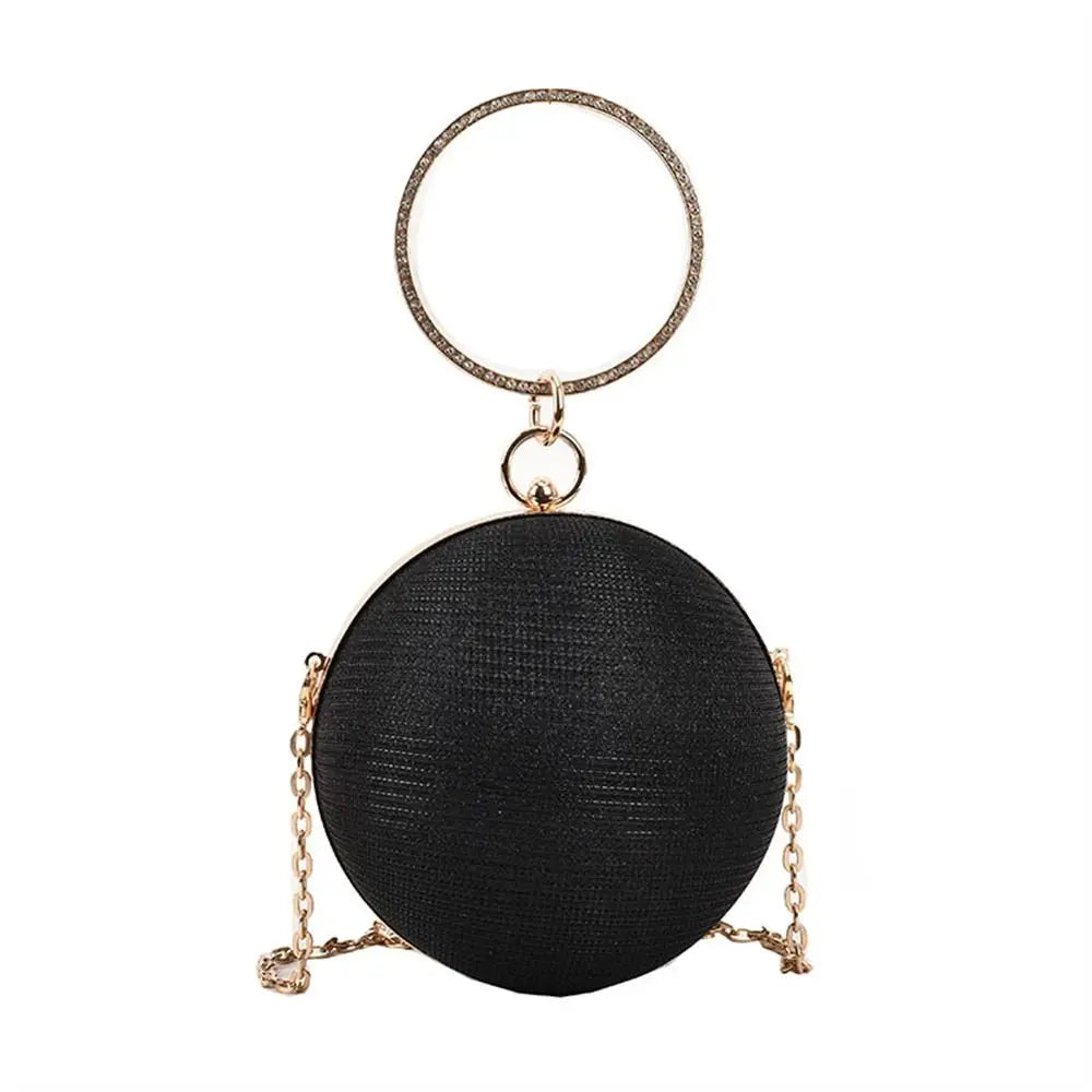 Elegant Circular Evening Bag Gold Bright Silk Rhinestone Decorative Chain Banquet Clutch Shoulder Bags Wedding Party