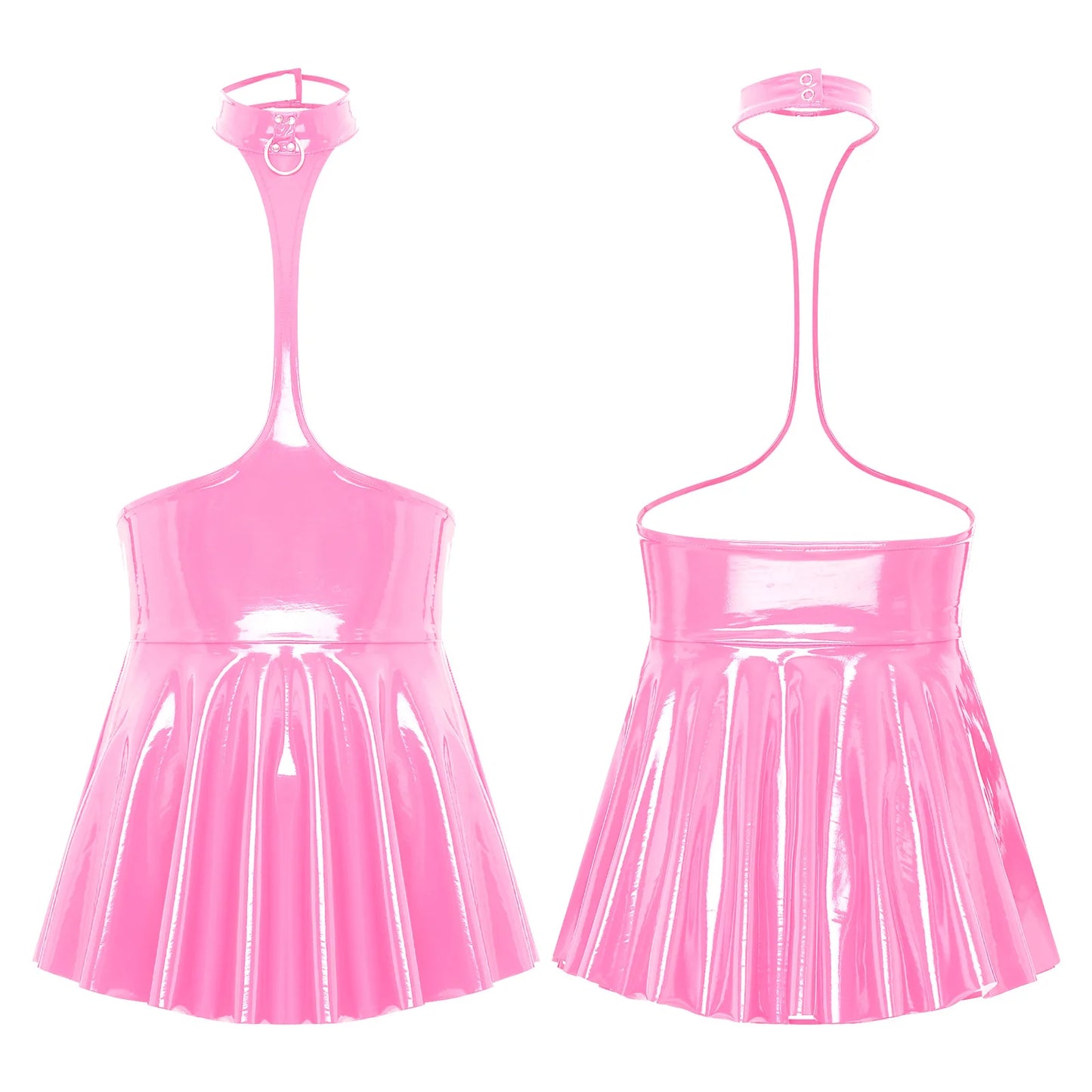 Womens Open Chest Halter Mini Dress Wet Look Patent Leather Rave Carnival Party Ruffled Sleeveless Backless Dress Nightclubwear