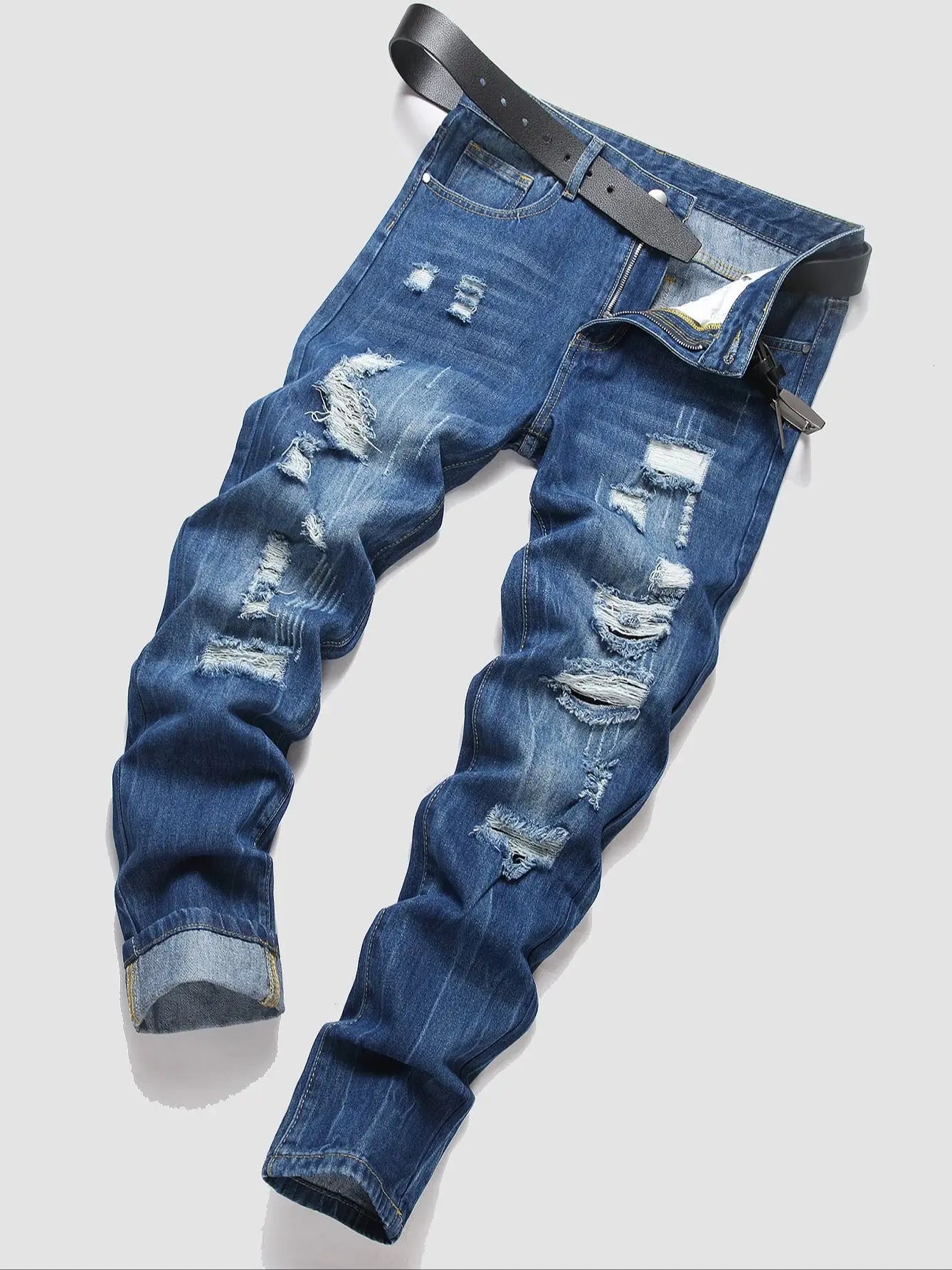 Men's Trendy Streetwear Straight Leg Dark Wash Ripped Denim Jeans