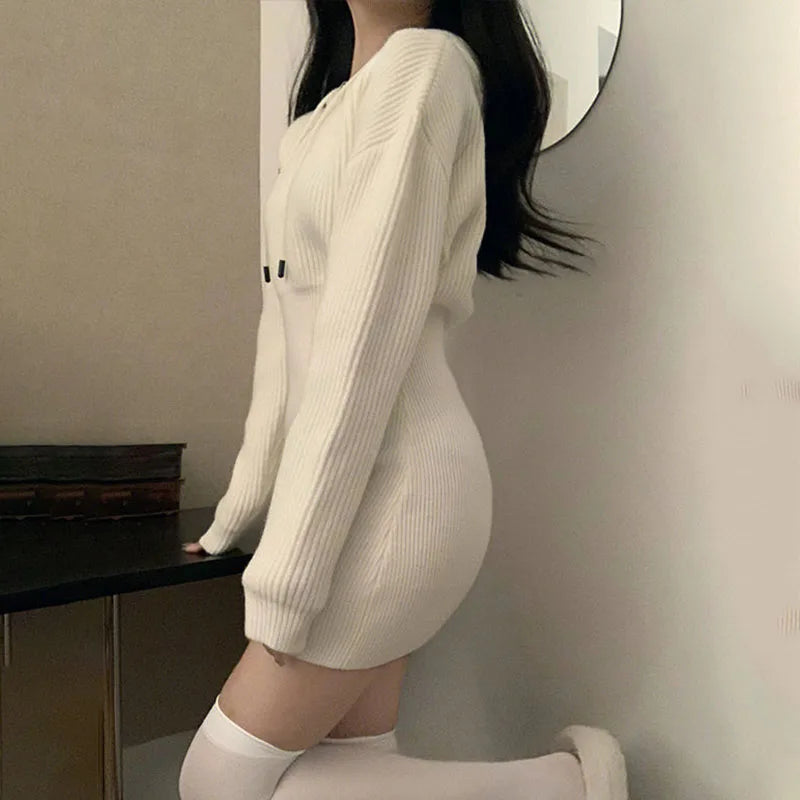 White Thicken Knit Mini Dress Woman Korean Elastic High Waist Bandage Dresses Women Hooded Outwear Long Sleeve Slim Dress