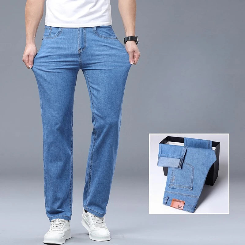 Business Thin Denim Jeans for Men Straight Stretch Cotton Work Pants Business Casual Lightweight Trousers Spring Autumn Workwear