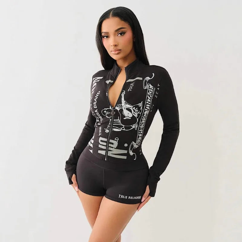Fitness Women 2 Piece Set Zipper Fly Sweatshirt Skinny Biker Shorts Matching Set 2025 Summer Streetwear Sporty Workout Tracksuit