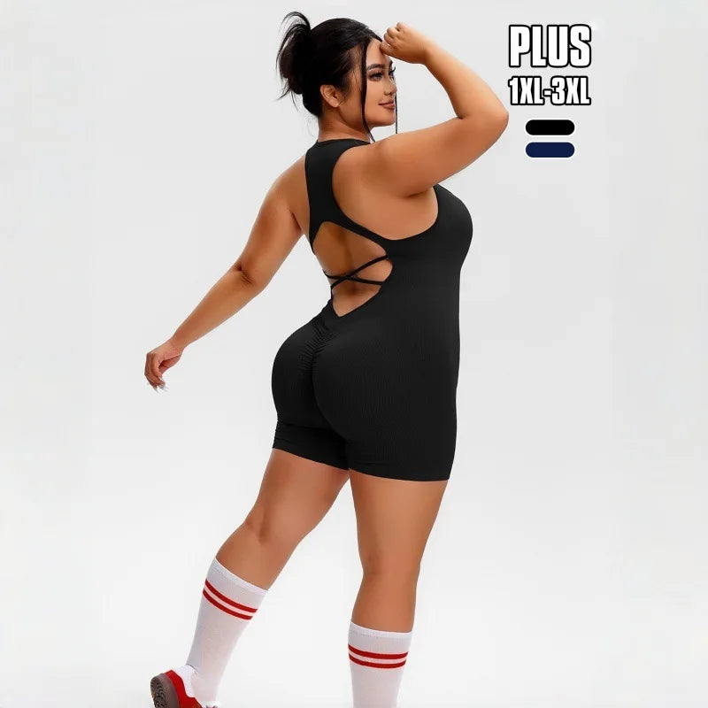 New plus size women's sports jumpsuit yoga suit suspender beautiful back fitness quick-drying high-end buttocks shapewear