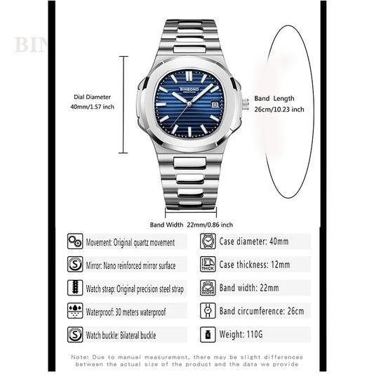 BINBONG B1885 Luxury Business Men Quartz Watches 30M Waterproof Luminous Stainless Strap Men's Wrist watch Relogio Masculino