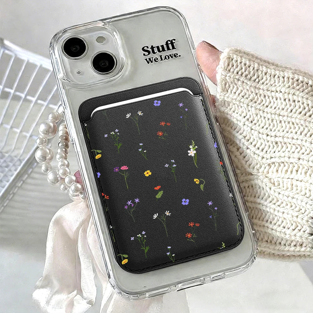 Leather Card Wallet Cover Magnetic Phone Card HolderPhone Back Bag Cute Flowers Case Suitable For all iPhone For Magsafe Card