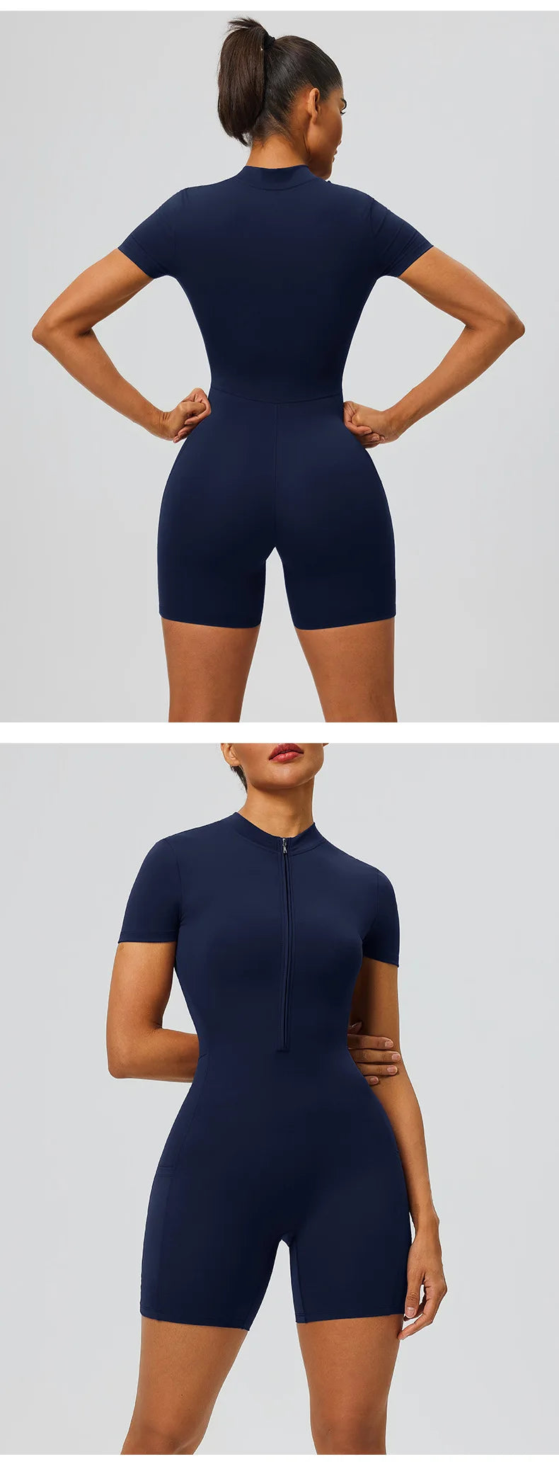 Women's zipper short sleeved yoga jumpsuit with functional pockets for hip lifting and tight fitting sports jumpsuit shorts
