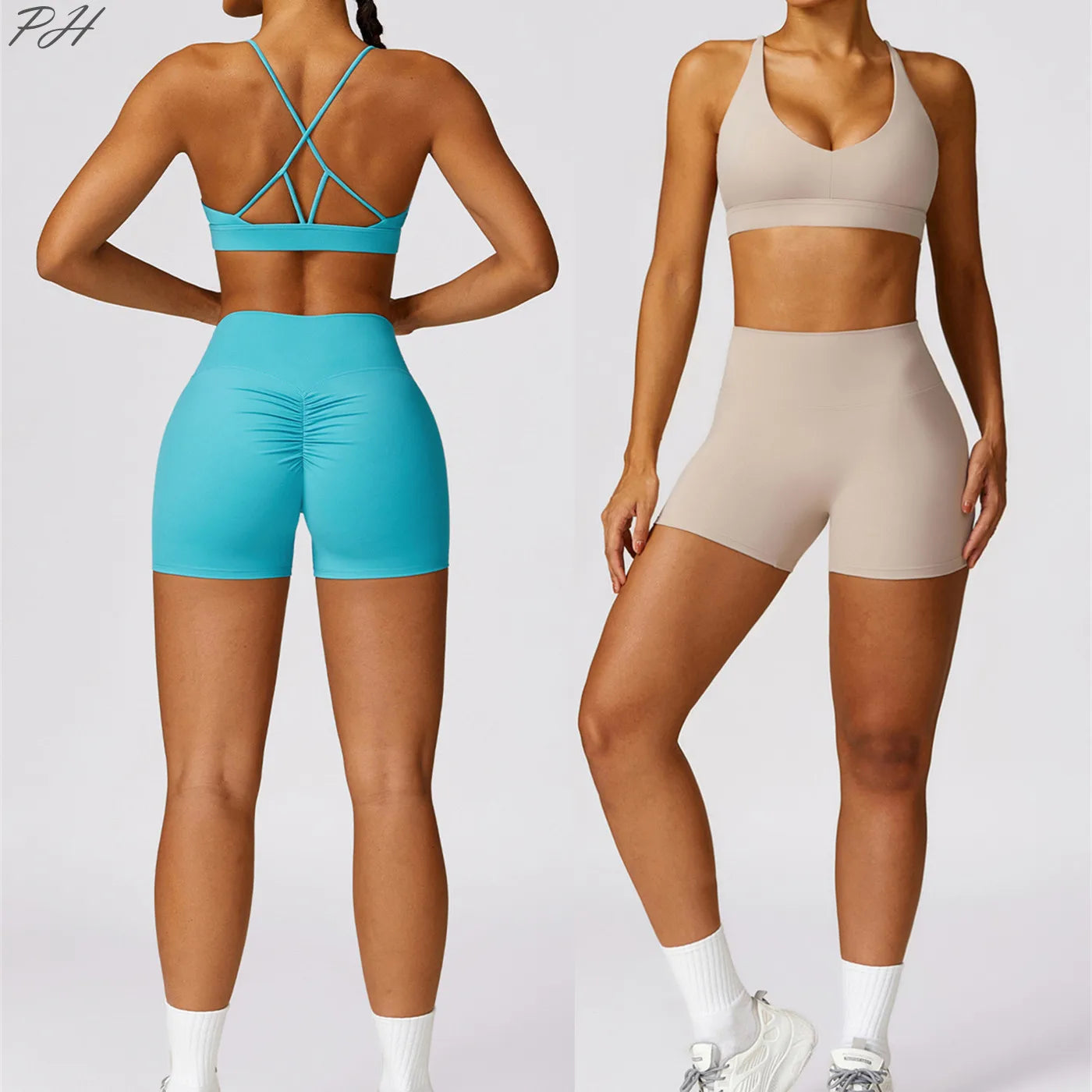 Women Yoga Athletic Sets Running Sportswear Tight Shorts Cross Sports Bra Suits Seamless Gym Tracksuit Fitness Workout Outfits