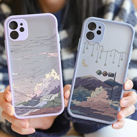 Japan Anime Landscape Phone Case For iPhone 16 15 11 13 12 14 Pro Max Mini 7 8 Plus SE 16E Scenery Hard Matte Cover Fundas Skin