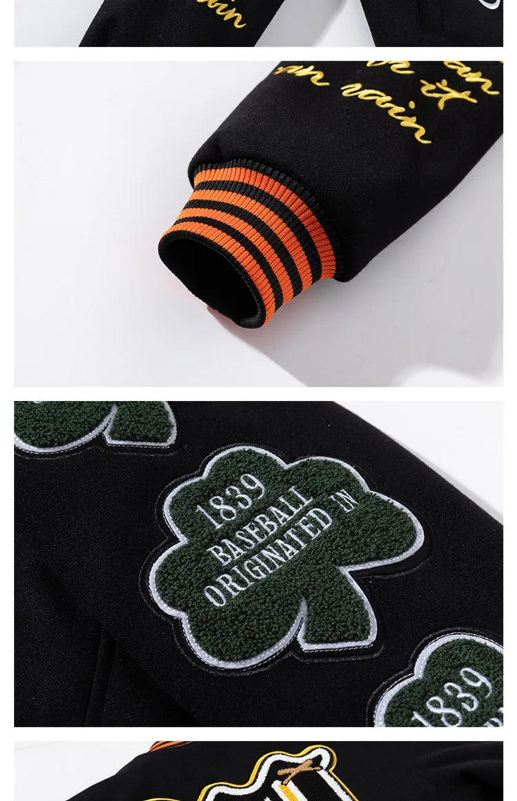 Embroidery Varsity Jacket Men Women Letter Winter American Baseball Jacket Hip Hop Woolen Coat Thick Warm Outwear Parkas Brown