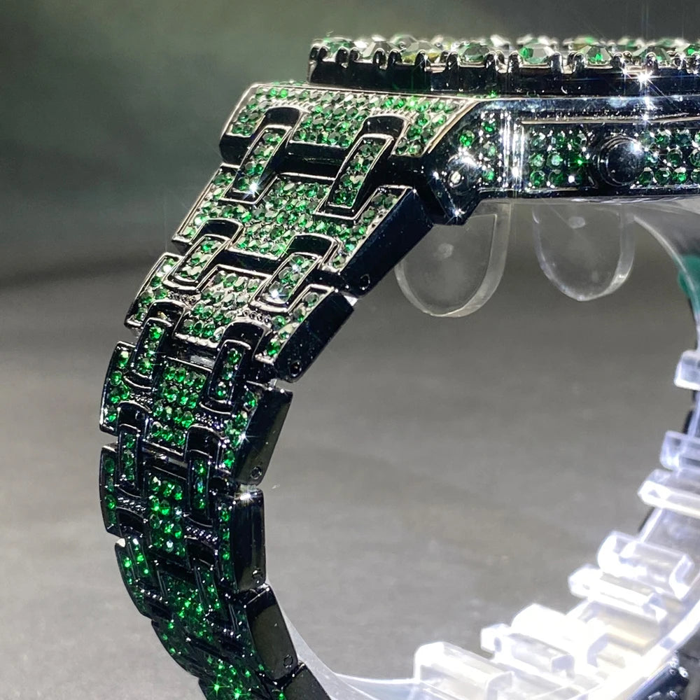 MISSFOX Hip Hop Wristwatch For Men Luxury lce Out Full Diamond Watches Fashion Green Watch Wterproof Week Display Clock 2025