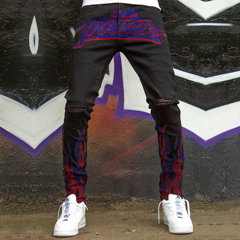 Y2K Herren Stretchy Ripped Skinny Black Jeans Schlanke hochwertige Lochhose Ästhetische Strasssteine ​​Streetwear Denim Bleistifthose