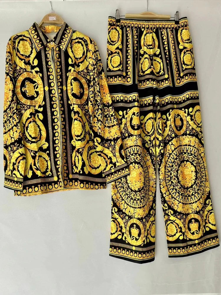 Luxury printed loose long-sleeved shirt spring and summer women's two-piece suit+elastic waist straight pants casual suit