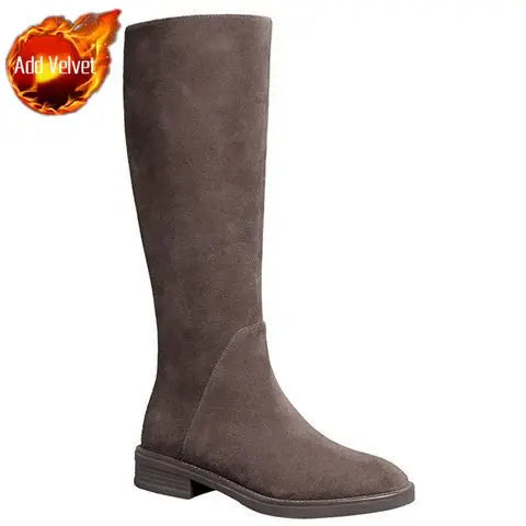 Suede Round Toe Elegant with Low Heels Fleece-Lined Ladies Knee High Shaft Shoes Autumn Winter Demi-season Women's Long Boots