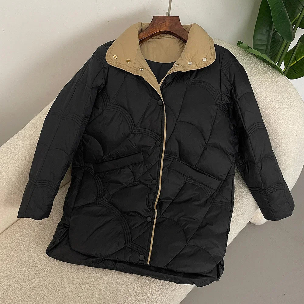 New  Autumn Winter Down Jacket Women Classic Mid-Length Warm Korean Style Loose 90 White Duck Down Jacket Stand Collar Coat