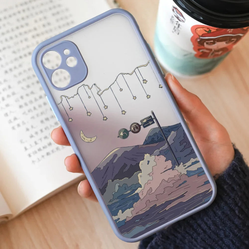 Japan Anime Landscape Phone Case For iPhone 16 15 11 13 12 14 Pro Max Mini 7 8 Plus SE 16E Scenery Hard Matte Cover Fundas Skin