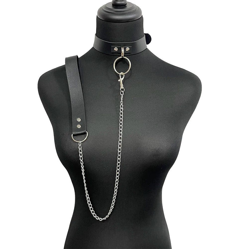 Women PU Leather Choker with Chain Handmade Breathless Collar with Chain Fashionable Handmade Leather Chain Collar and Leash